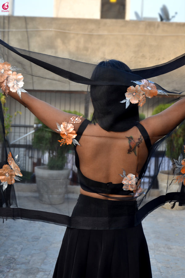 Black Organza Hand painted Floral Organza Stole