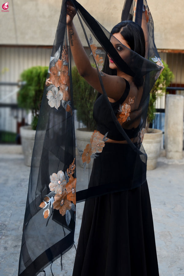 Black Organza Hand painted Floral Organza Stole