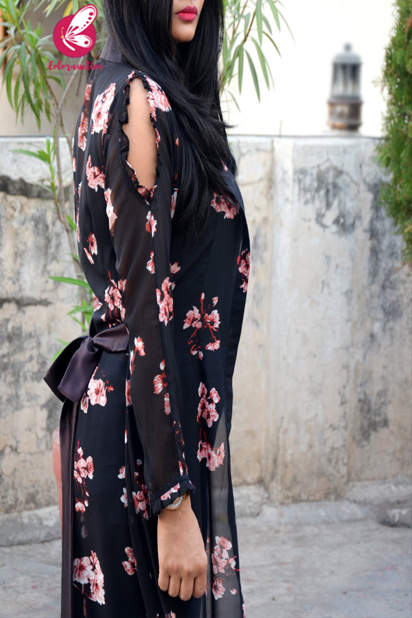 Black Printed Peach Floral Georgette Full Sleeves Long Shrug