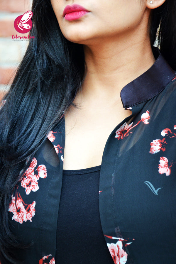 Black Printed Peach Floral Georgette Full Sleeves Long Shrug