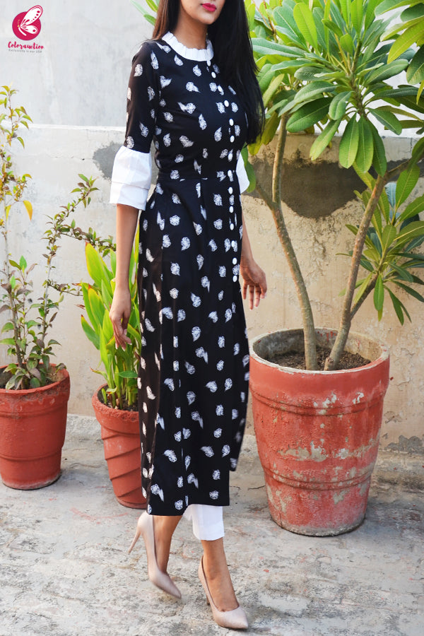 Black &amp; White Printed Cotton Silk Kurti with White Cotton Silk Pants