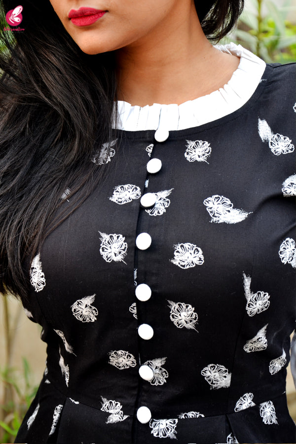 Black &amp; White Printed Cotton Silk Kurti with White Cotton Silk Pants