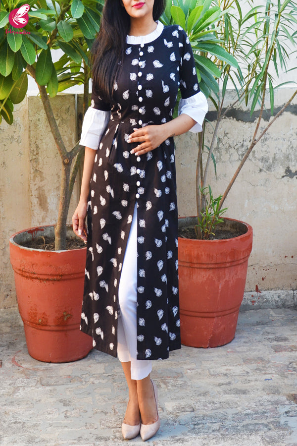 Black &amp; White Printed Cotton Silk Kurti with White Cotton Silk Pants