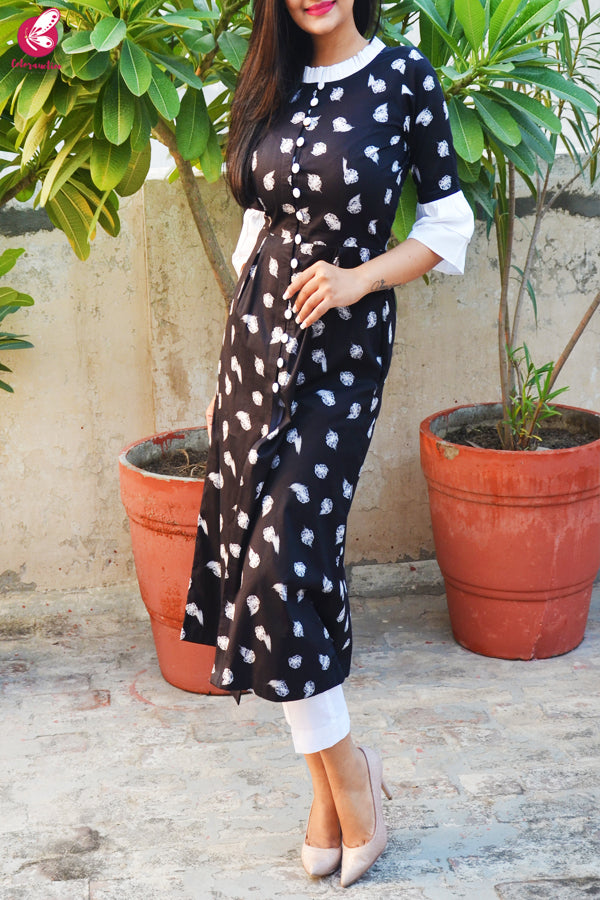 Black &amp; White Printed Cotton Silk Kurti with White Cotton Silk Pants