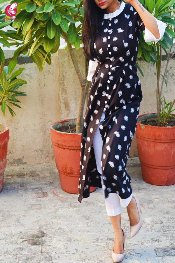 Black &amp; White Printed Cotton Silk Kurti with White Cotton Silk Pants