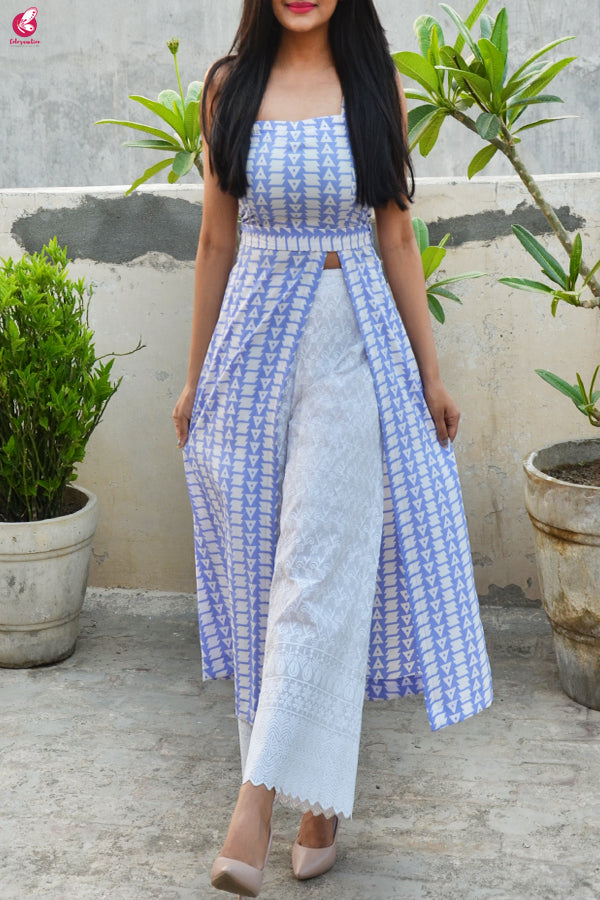 Powder Blue and White Printed Crepe Kurti