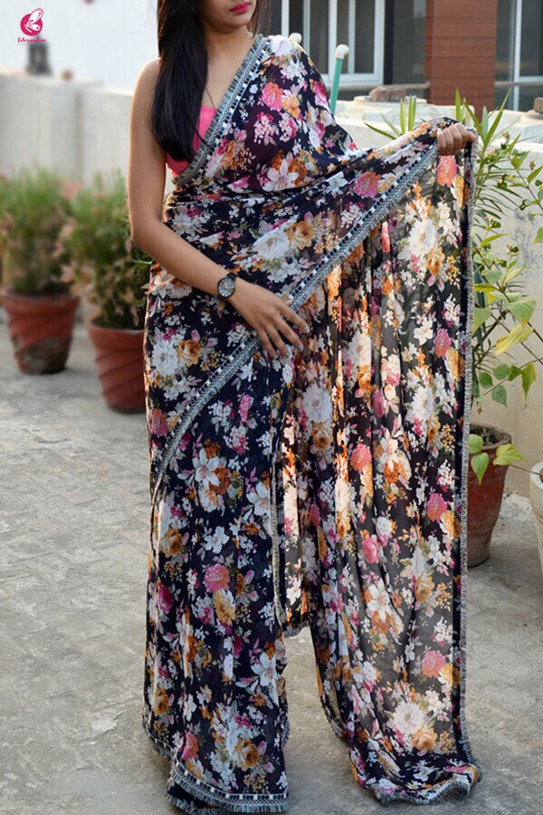 Blue Printed Multicolor Floral Georgette Saree