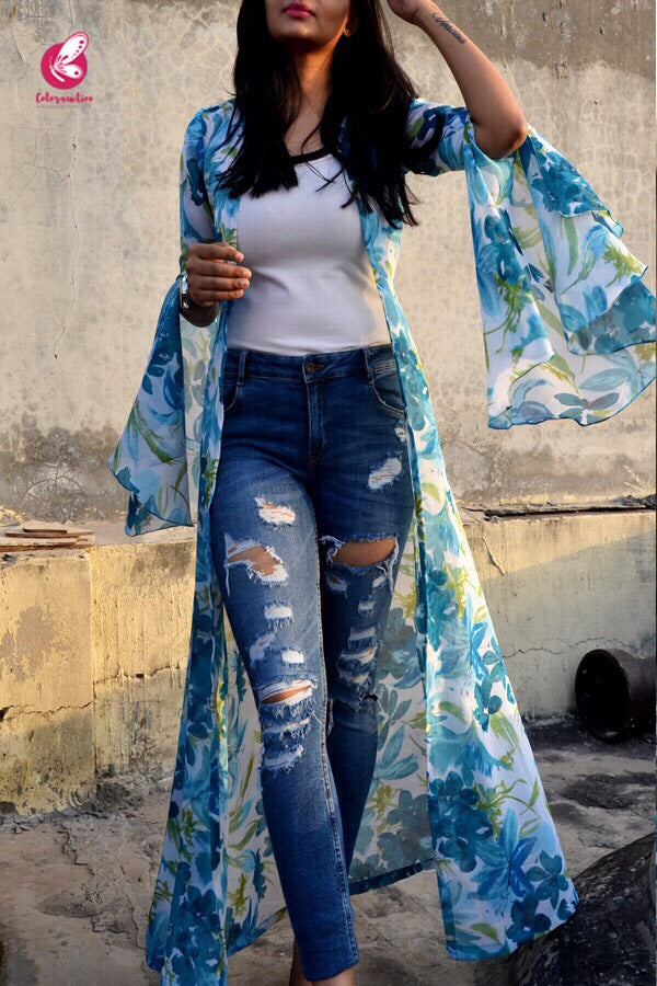 White Printed Georgette Long Shrug