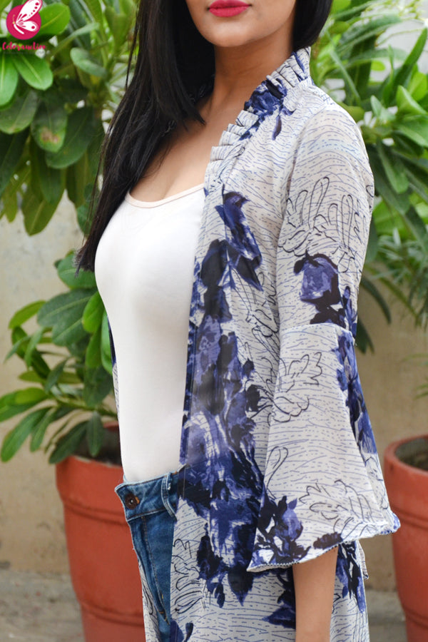 Multicolored Printed Floral Georgette Bell Sleeves Long Shrug