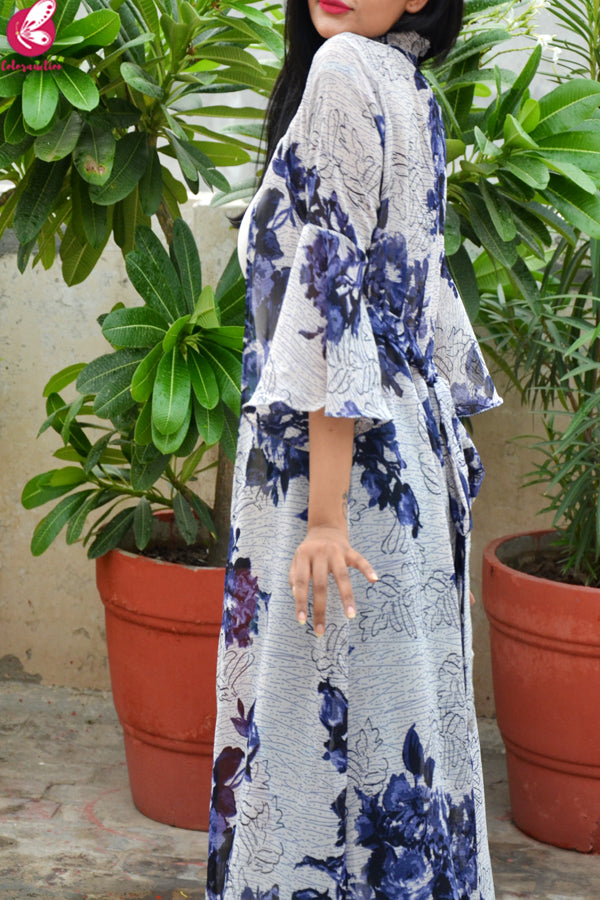 Multicolored Printed Floral Georgette Bell Sleeves Long Shrug
