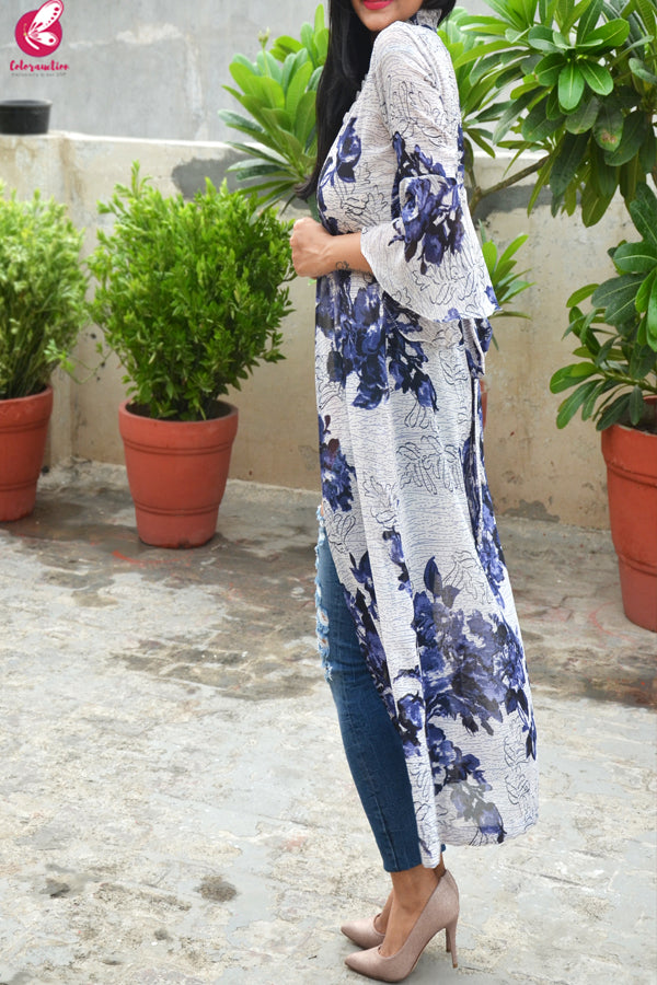 Multicolored Printed Floral Georgette Bell Sleeves Long Shrug