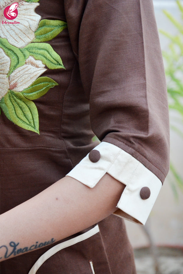 Brown Cotton Slub Embroidered A-Line Kurti