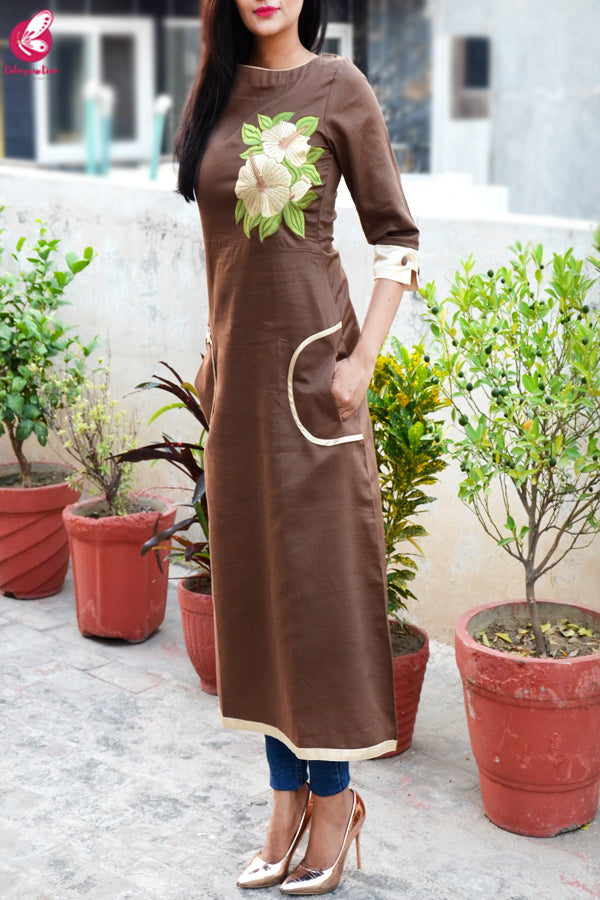 Brown Cotton Slub Embroidered A-Line Kurti