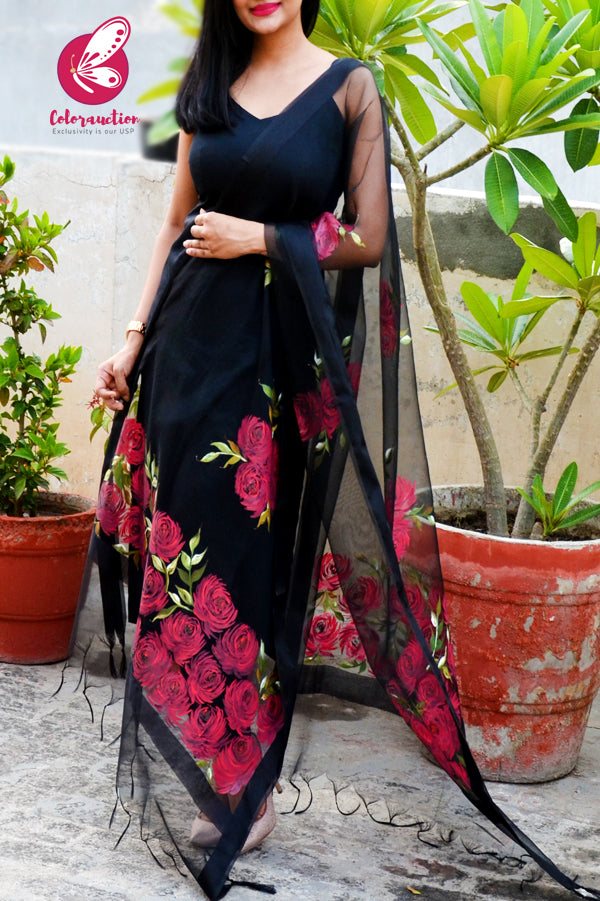 Black Pure Organza Roses Floral Hand painted Stole