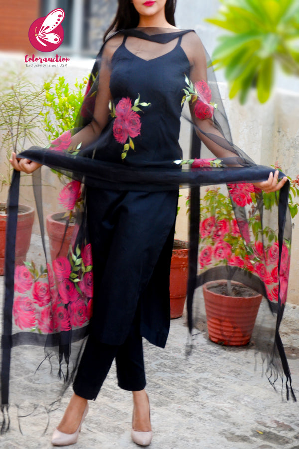 Black Pure Organza Roses Floral Hand painted Stole