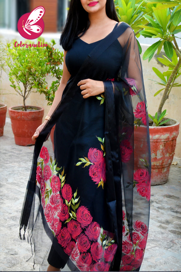 Black Pure Organza Roses Floral Hand painted Stole