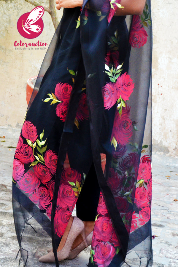 Black Pure Organza Roses Floral Hand painted Stole