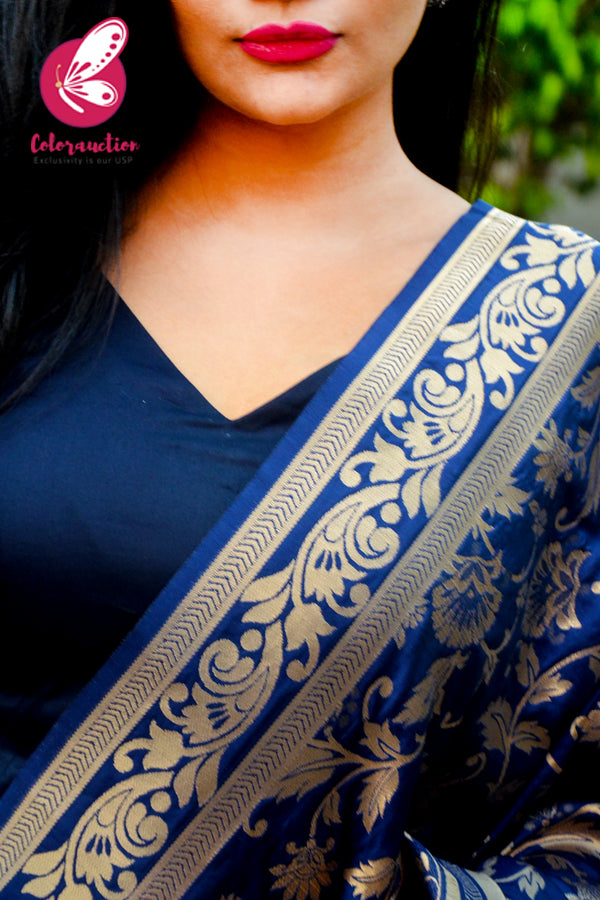 Navy Blue Floral Banarasi Silk Dupatta