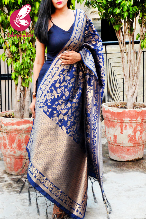 Navy Blue Floral Banarasi Silk Dupatta