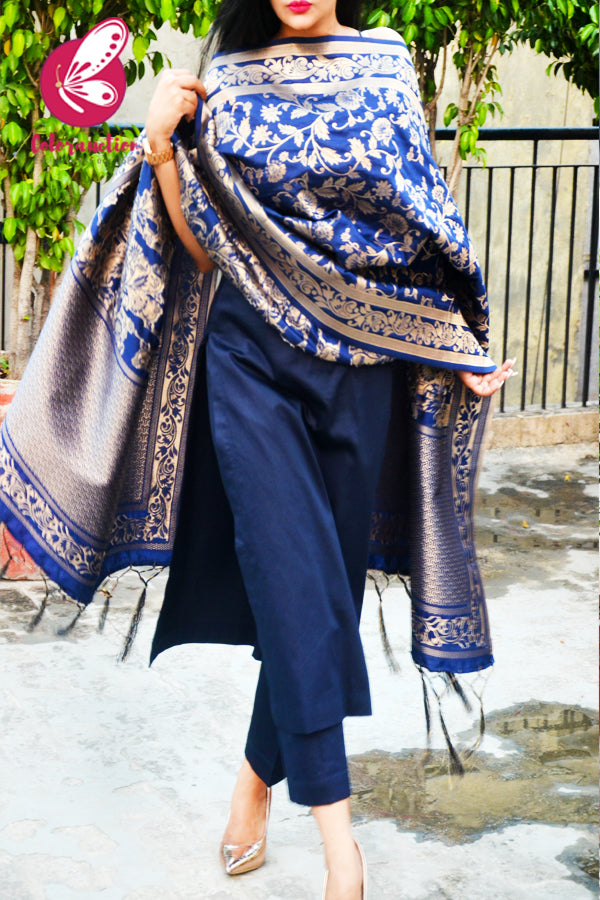 Navy Blue Floral Banarasi Silk Dupatta