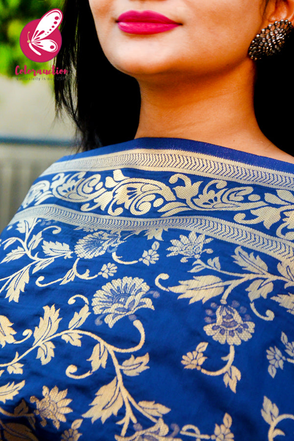 Navy Blue Floral Banarasi Silk Dupatta