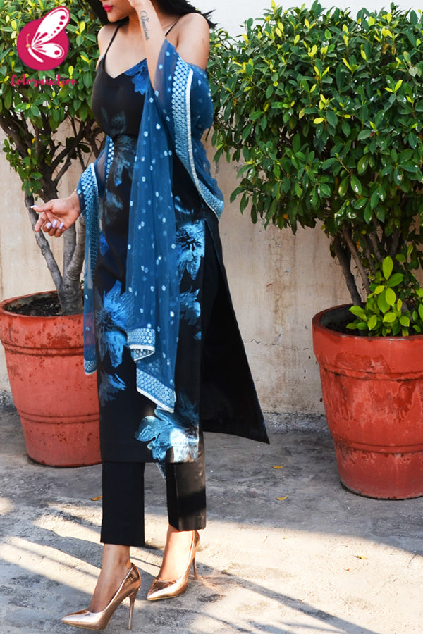 Black & Blue Silk Brocade Padded Kurti with Black Cotton Silk Pants and Blue Mirror Work Dupatta