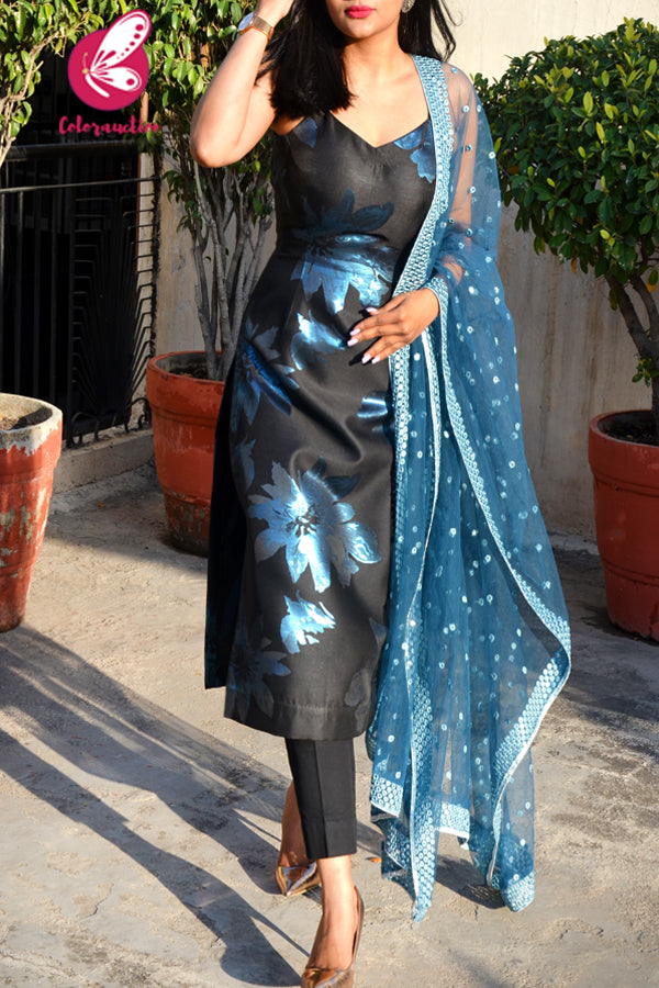 Black &amp; Blue Silk Brocade Padded Kurti with Black Cotton Silk Pants and Blue Mirror Work Dupatta