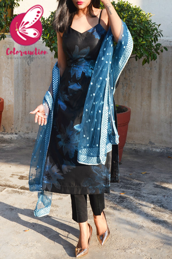 Black &amp; Blue Silk Brocade Padded Kurti with Black Cotton Silk Pants and Blue Mirror Work Dupatta