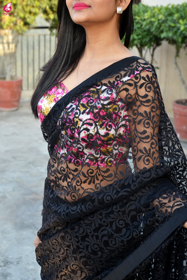 Black Chandelier Net Dupion Silk Taping Saree