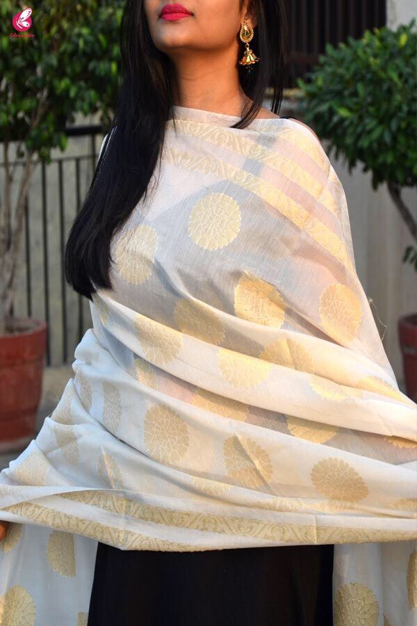 Off White Chanderi Zari Woven Dupatta