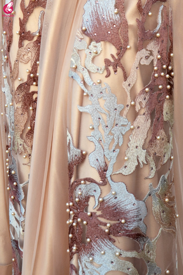 Cream Padded Backless Embroidered Dress