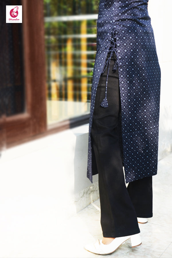 Black Printed Frill Sleeves Front Button Detailing Kurti | Colorauction
