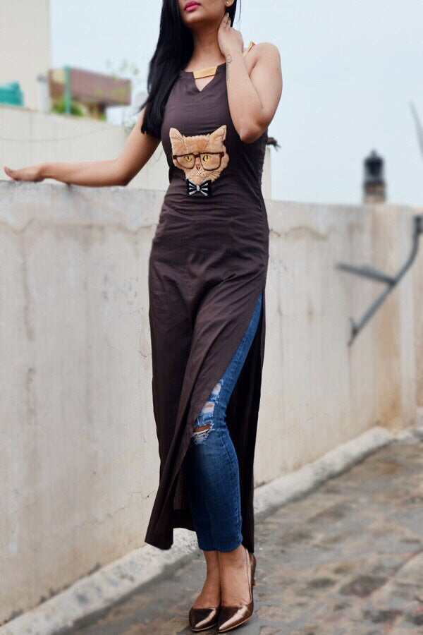 Brown Viscose Cat Patch Straight Kurti