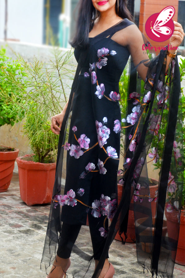 Black Organza Cherry Blossoms Floral Hand painted Stole
