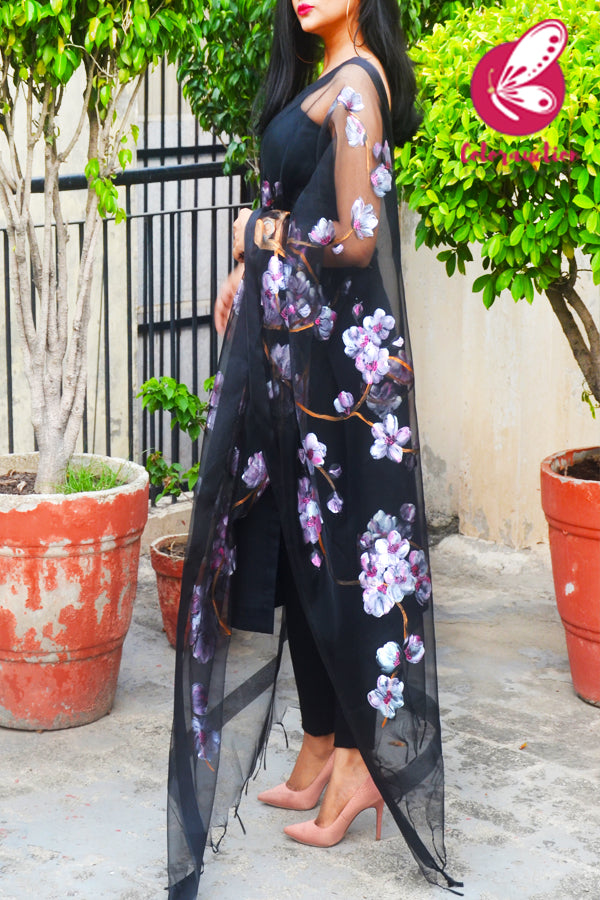 Black Organza Cherry Blossoms Floral Hand painted Stole