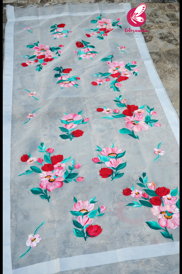 Off White Multicoloured Floral Pure Organza Stole