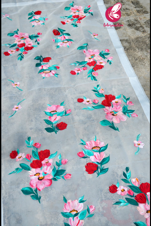 Off White Multicoloured Floral Pure Organza Stole