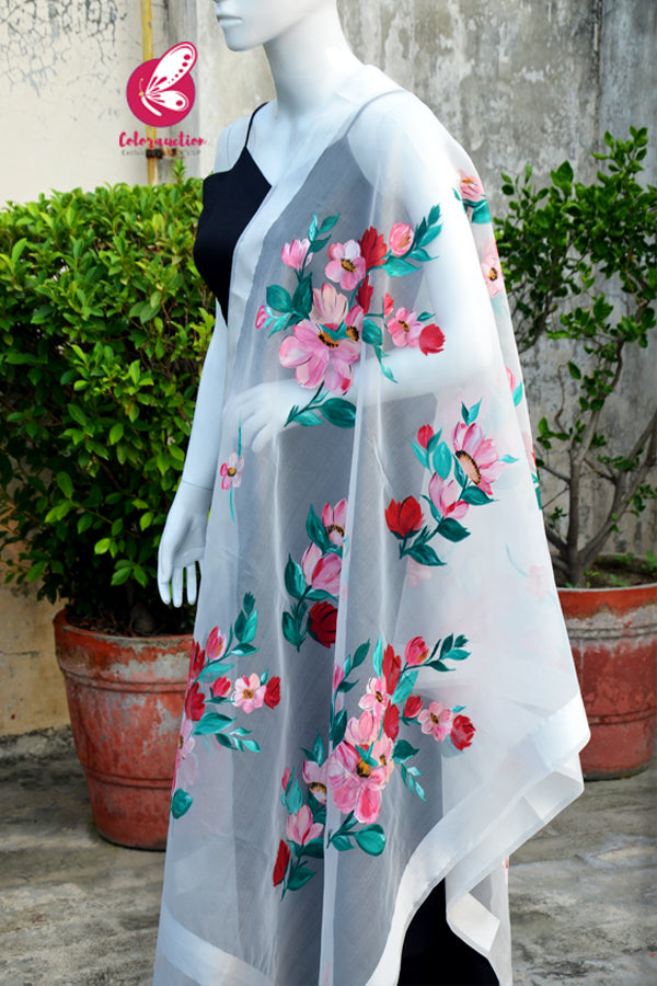 Off White Multicoloured Floral Pure Organza Stole