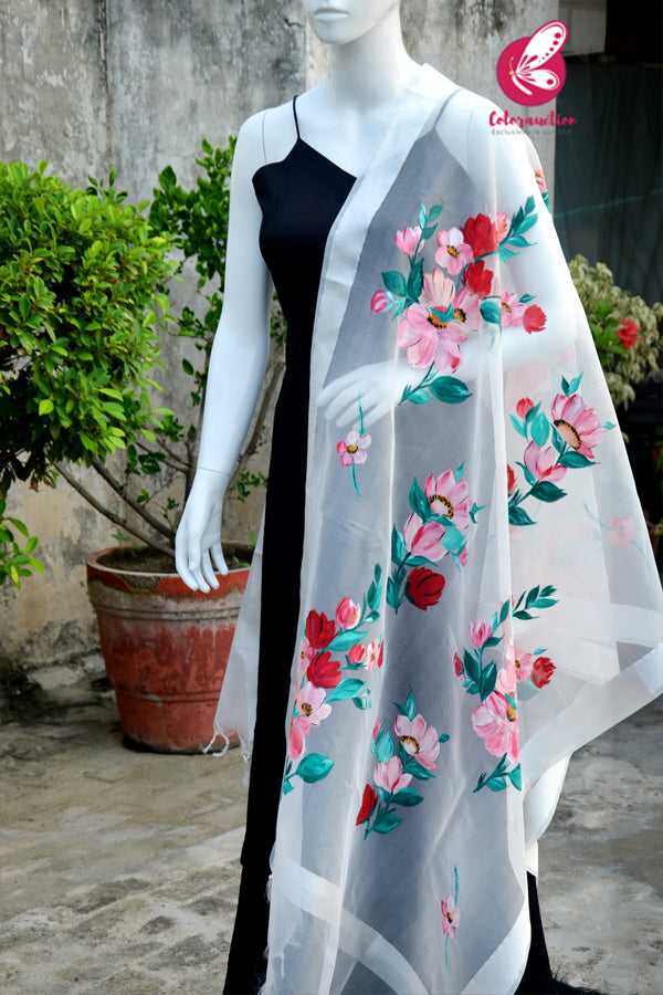 Off White Multicoloured Floral Pure Organza Stole