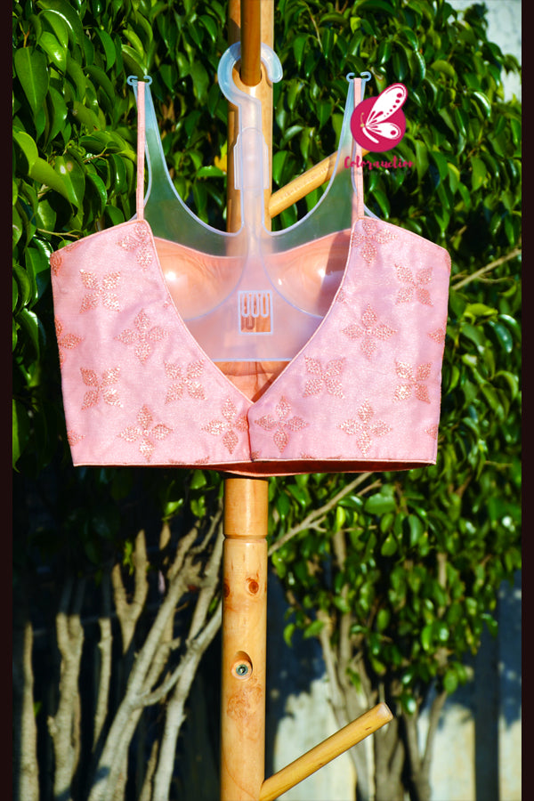 Peach Pure Organza Embroidered Padded Strappy Blouse