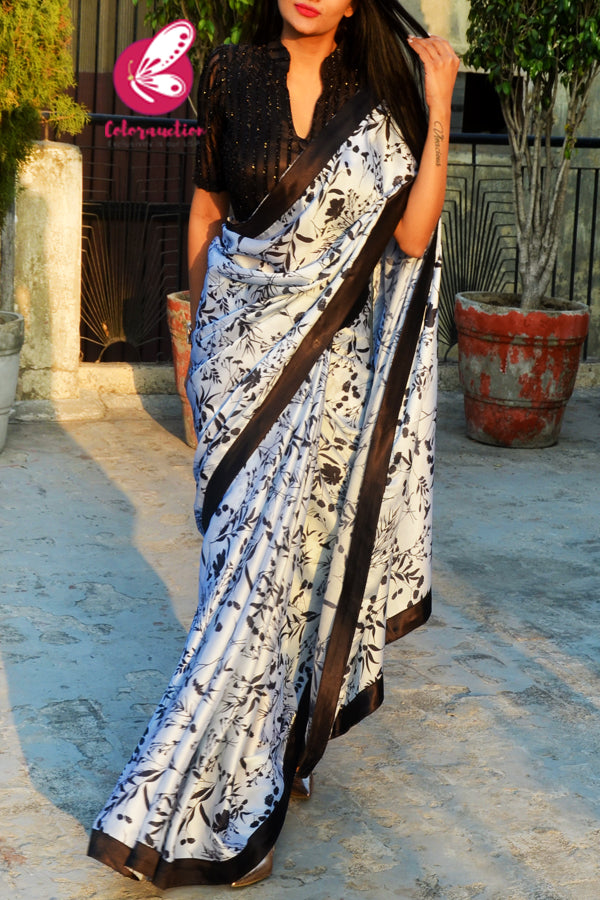 Black & White Printed Satin Black Satin Taping Saree