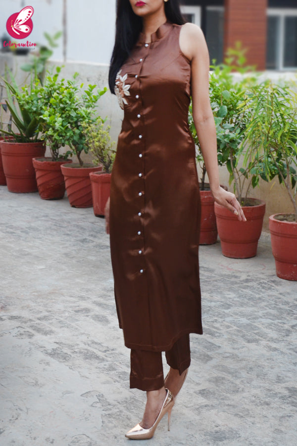 Brown Satin Sleeveless Front Slit Kurti Set