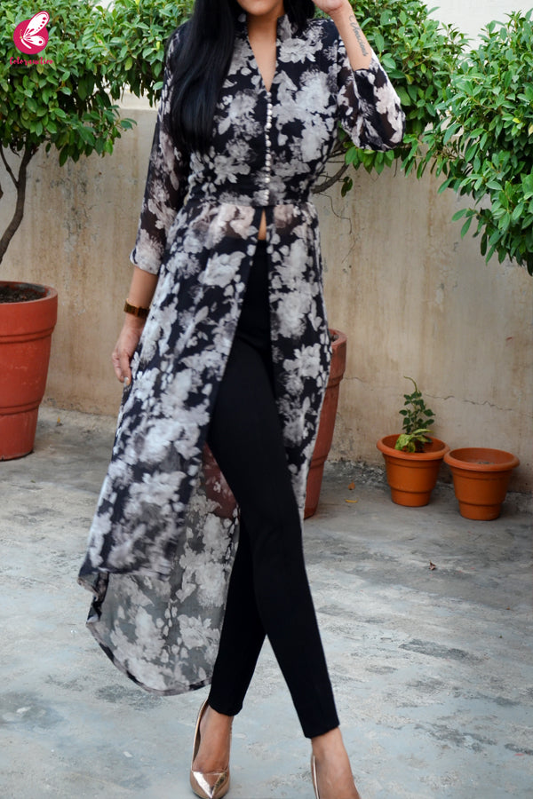 Black & White Printed Floral Georgette Asymmetric Long Kurti