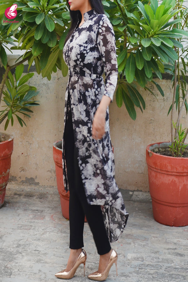 Black &amp; White Printed Floral Georgette Asymmetric Long Kurti