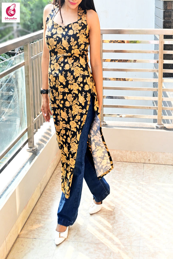 Black &amp; Golden Printed Floral Back Keyhole Straight Fit Kurti