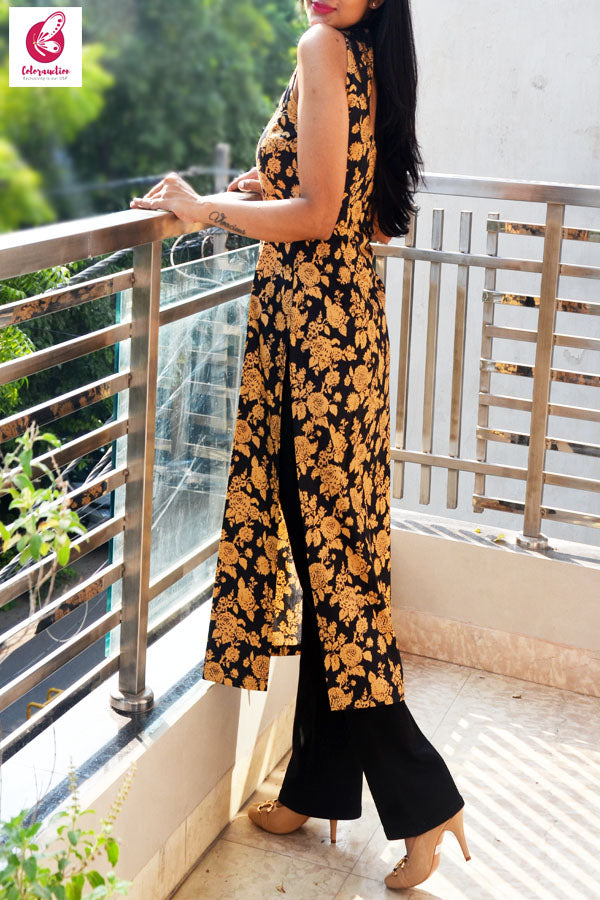 Black &amp; Golden Printed Floral Back Keyhole Straight Fit Kurti