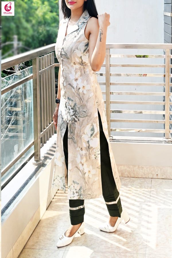 Beige &amp; Green Cotton Silk Collar Neckline Kurti with Green Pintucks Detailing Pants
