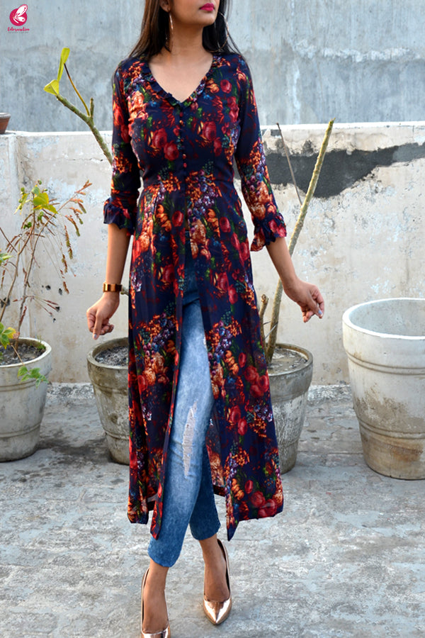 Blue Printed Front Slit Georgette Long Kurti