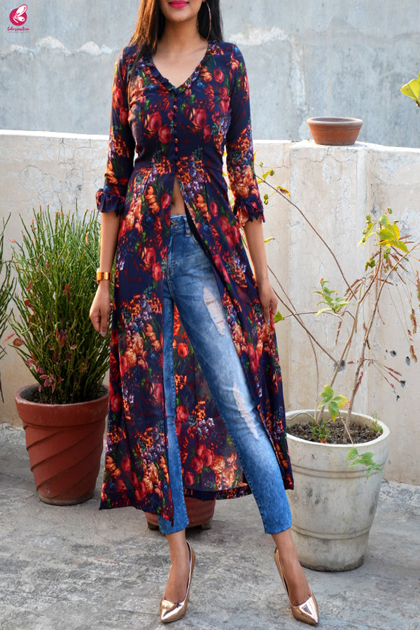 Blue Printed Front Slit Georgette Long Kurti
