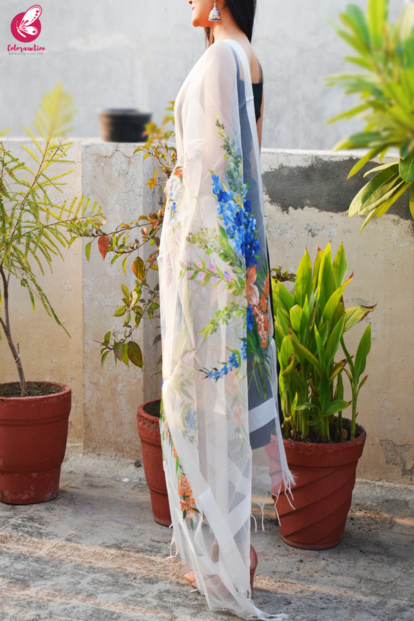 White Organza Hand painted Multicolored Floral Stole